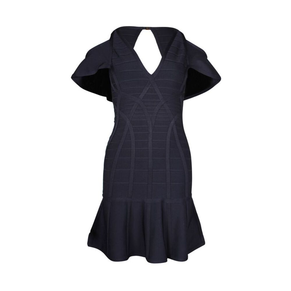 Herve Leger Flared Bandage Mini Dress in Navy Blue Rayon